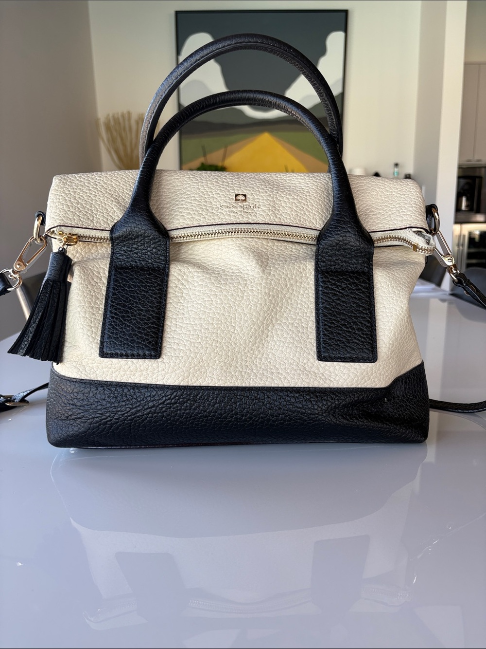 kate spade Black and Buttermilk Pebbled Leather Satchel with Tassel